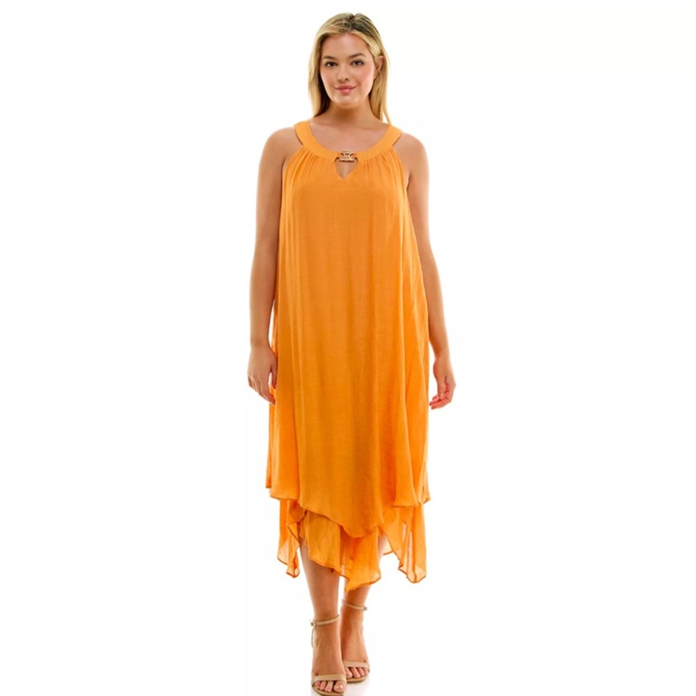 Luxology Women’s 2X Sleeveless Halter Orange A-line Maxi Dress